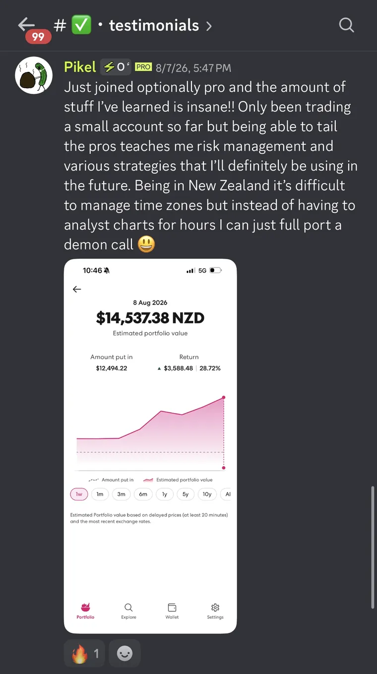 Member testimonial 1 of 10, posted in the Optionality Discord
