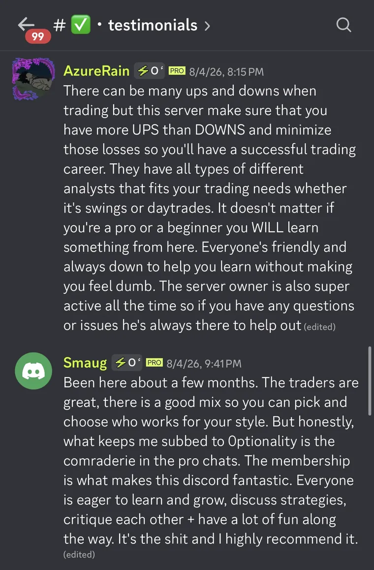Member testimonial 3 of 10, posted in the Optionality Discord