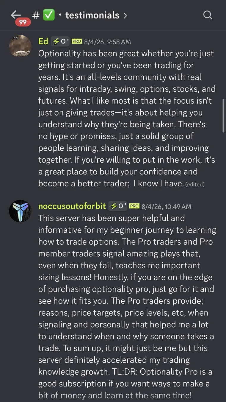 Member testimonial 4 of 10, posted in the Optionality Discord