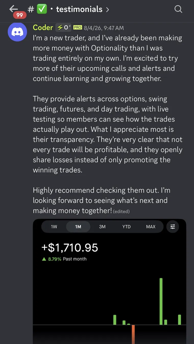 Member testimonial 5 of 10, posted in the Optionality Discord