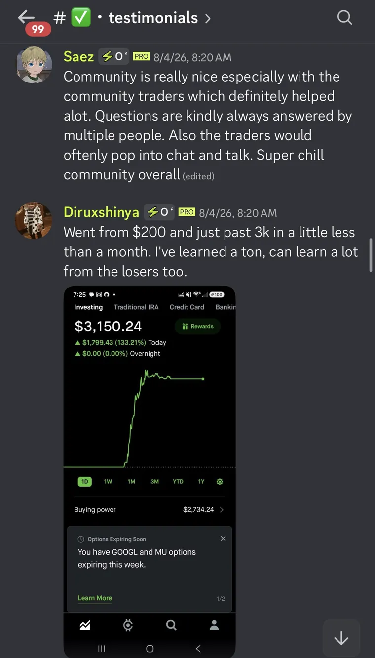Member testimonial 6 of 10, posted in the Optionality Discord