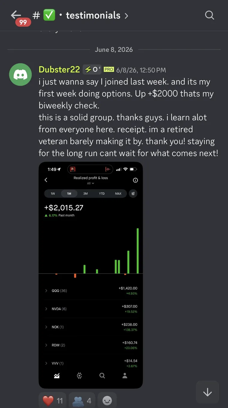 Member testimonial 8 of 10, posted in the Optionality Discord