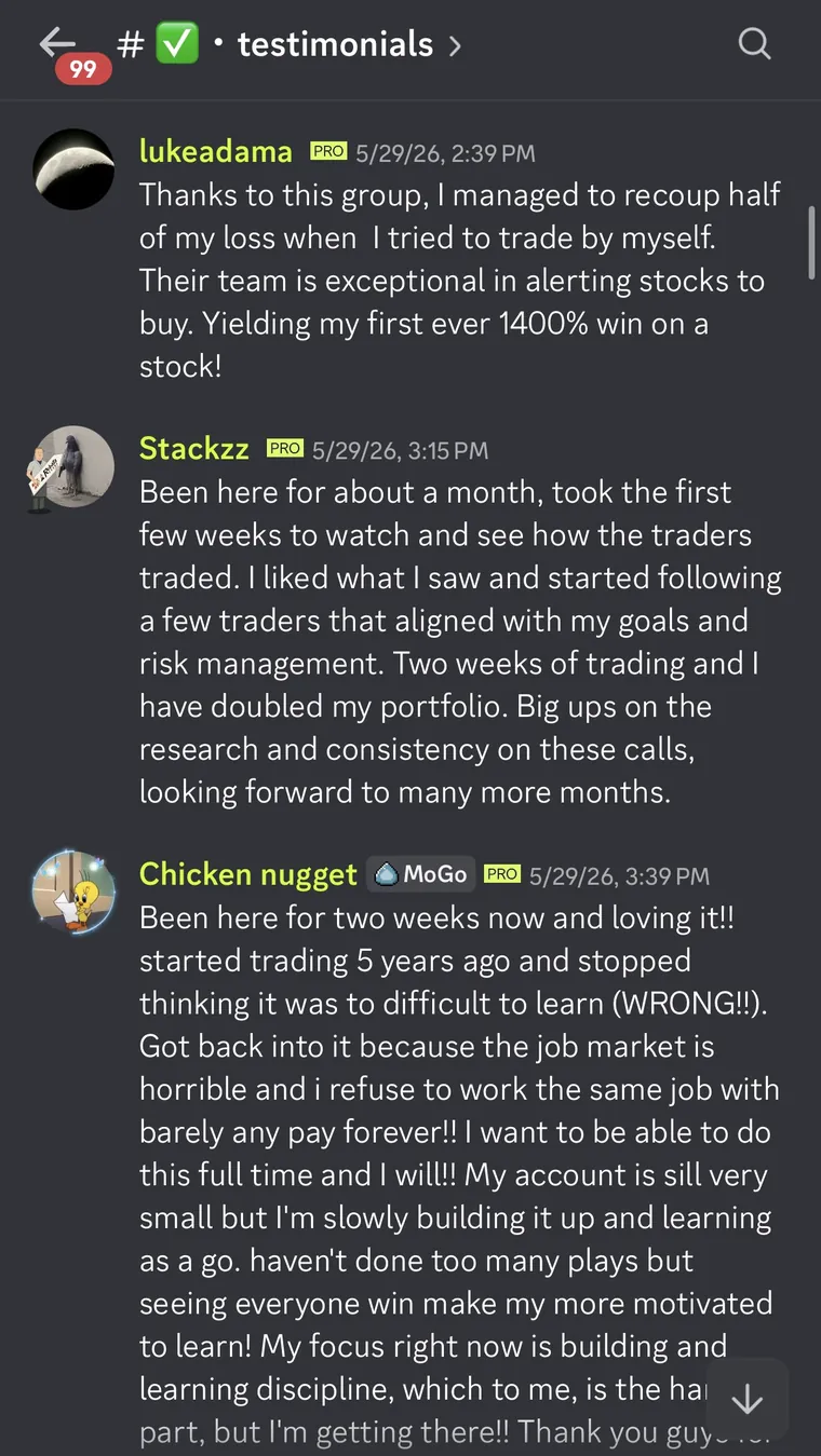 Member testimonial 9 of 10, posted in the Optionality Discord