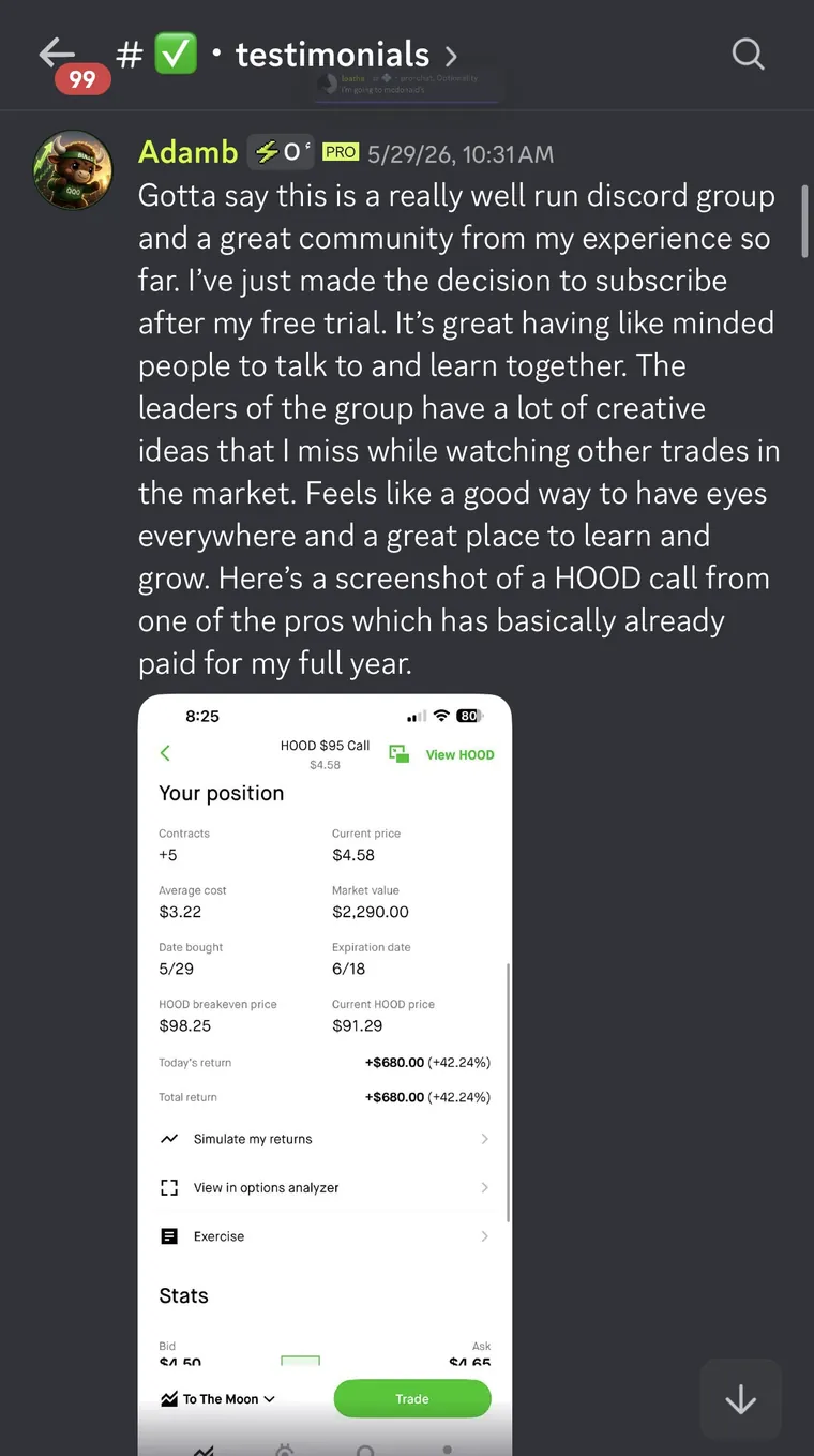 Member testimonial 10 of 10, posted in the Optionality Discord
